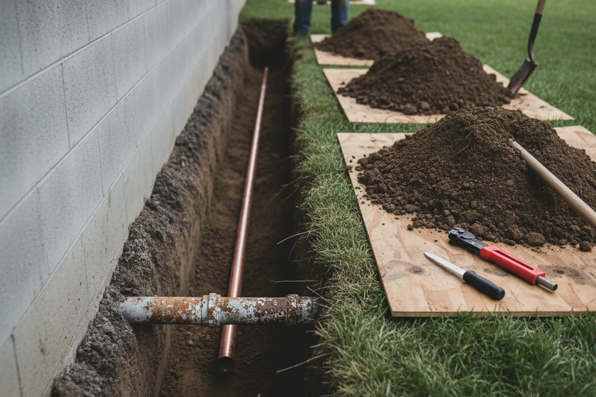 Excavated water line trench during Sewer Line Repair in Cascade Locks